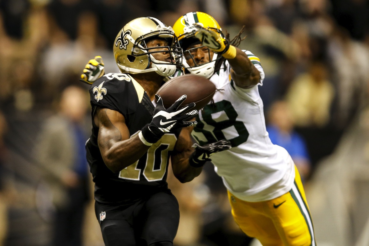 Saints receiver Brandin Cooks gets by Packers cornerback Tramon Williams for a touchdown by Derick E. Hingle—USA TODAY Sports.